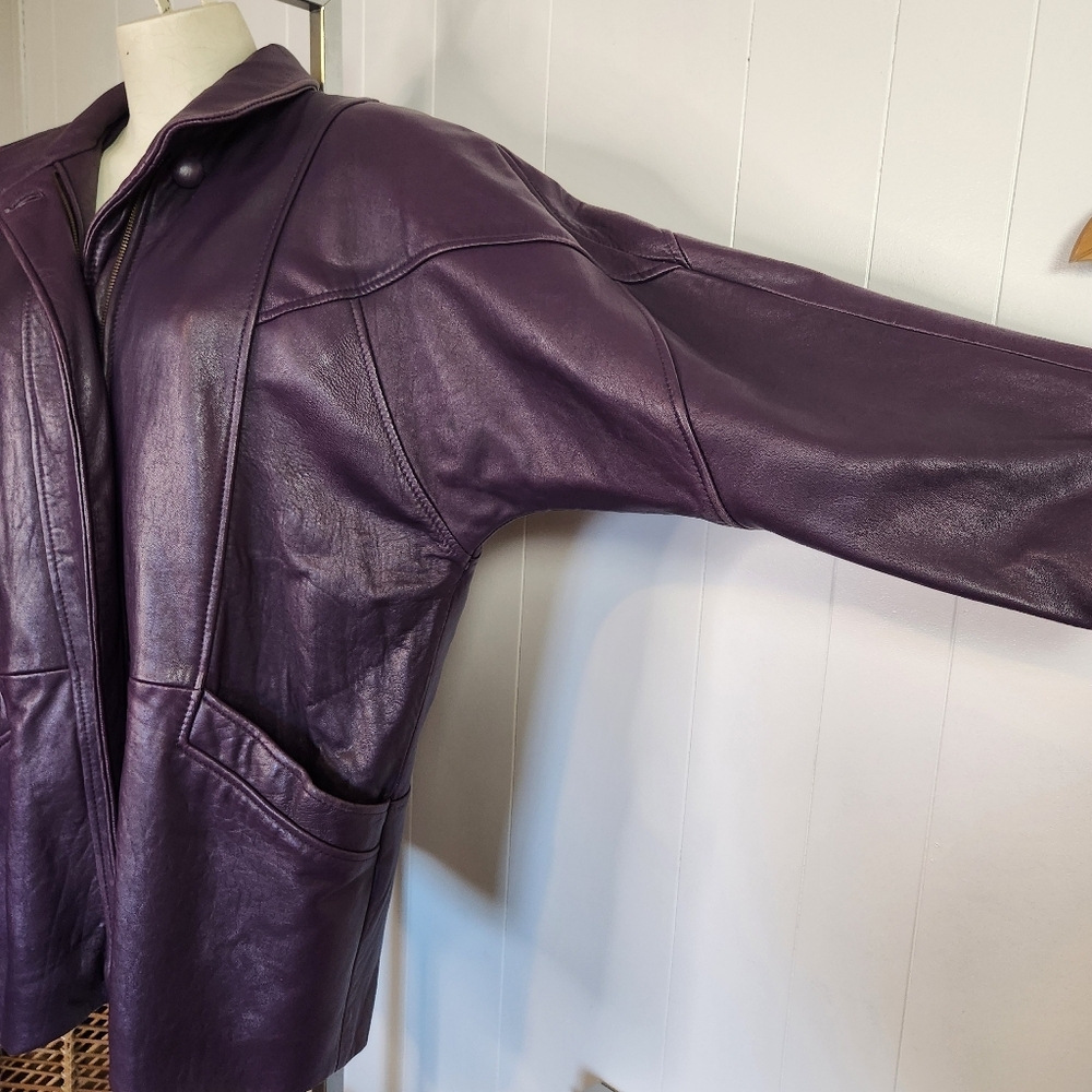 Vintage 80s Purple Soft Leather Oversized Jacket Coat 1990s Slouchy 90s Size XS - Picture 5 of 13
